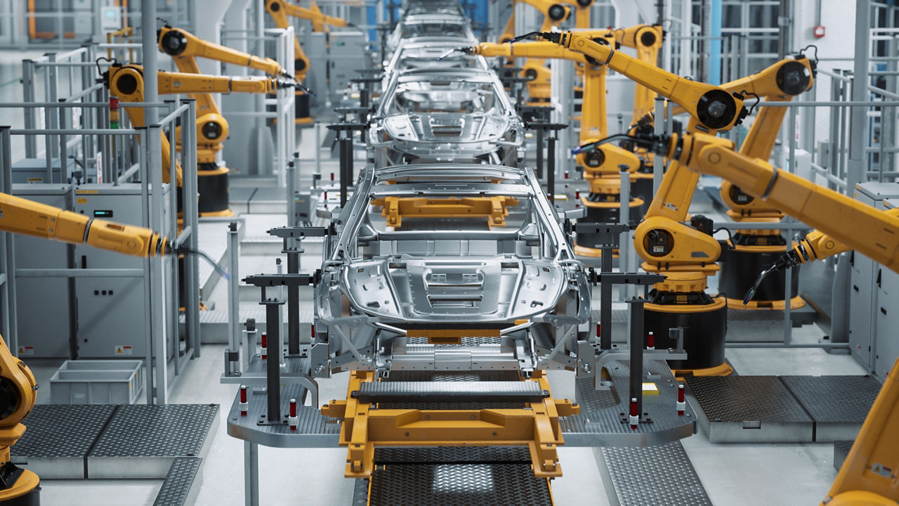 Car Factory 3D Concept: Automated Robot Arm Assembly Line Manufacturing High-Tech Green Energy Electric Vehicles. Automatic Construction, Building, Welding Industrial Production Conveyor. Front View; Shutterstock ID 2075069926; purchase_order: BB23_27325_tw; job: ; client: Evonik Industries AG; other: 
