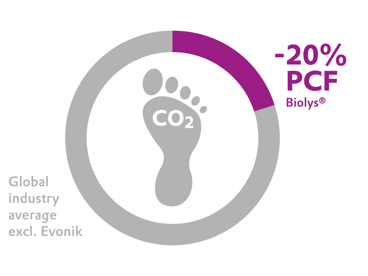 A stylized image of a carbon footprint illustrates the 20% lower emissions of Biolys® compared to the global industry average 