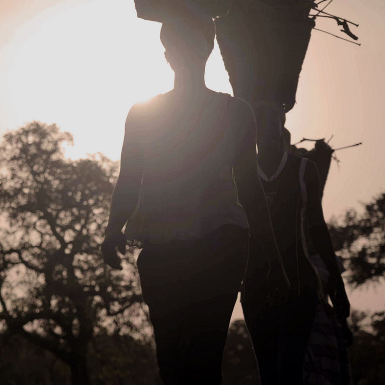 Zwei Frauen mit Körben auf dem Kopf vor einem Affenbrotbaum. Von hinten scheint die Sonne ins Bild, es sind fast nur Konturen zu erkennen.