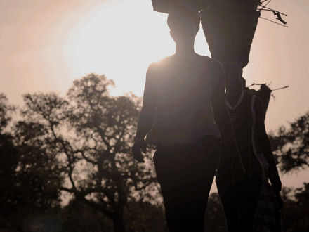 Zwei Frauen mit Körben auf dem Kopf vor einem Affenbrotbaum. Von hinten scheint die Sonne ins Bild, es sind fast nur Konturen zu erkennen.