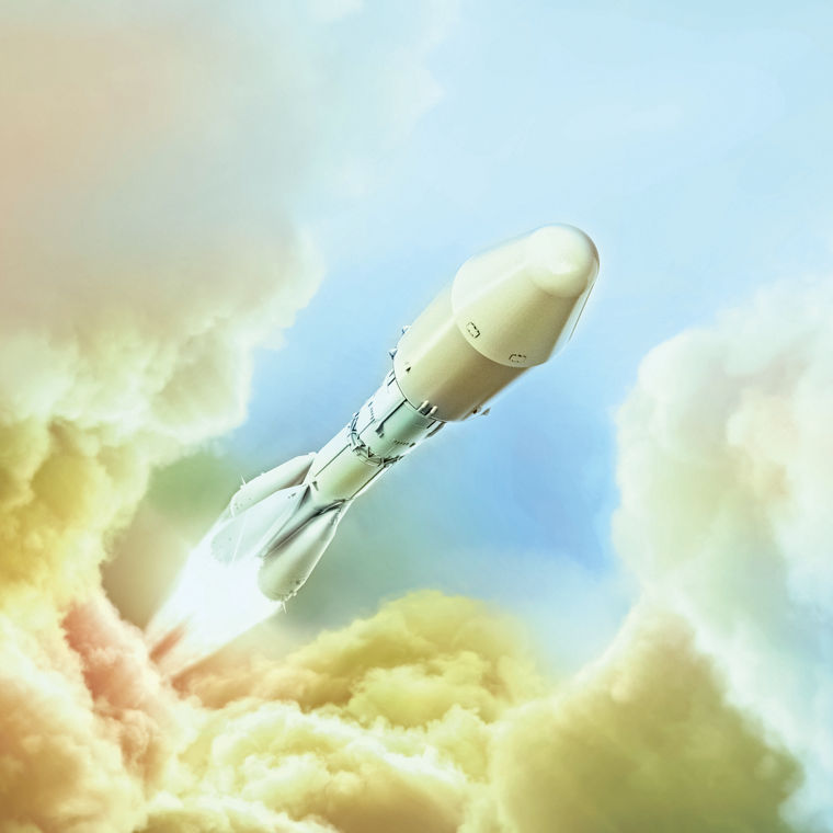 3D-Rendering einer rakete, die durch die Wolken aufsteigt.