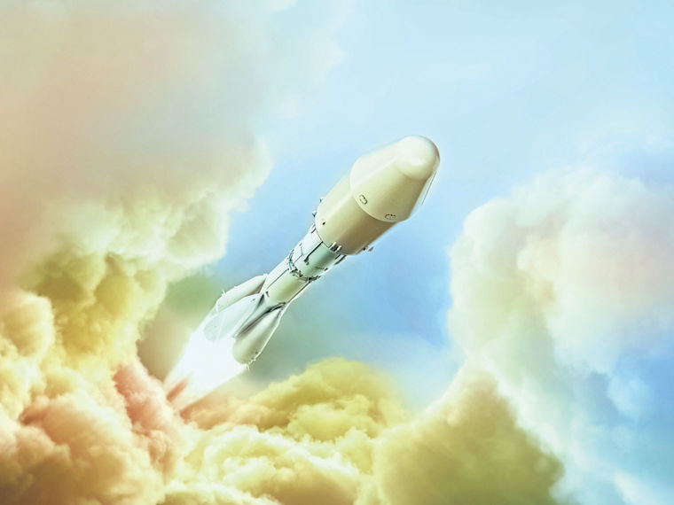 3D-Rendering einer rakete, die durch die Wolken aufsteigt.