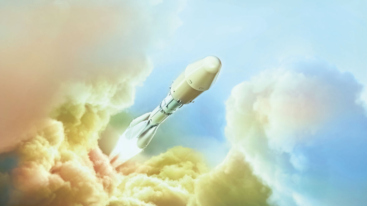 3D-Rendering einer rakete, die durch die Wolken aufsteigt.