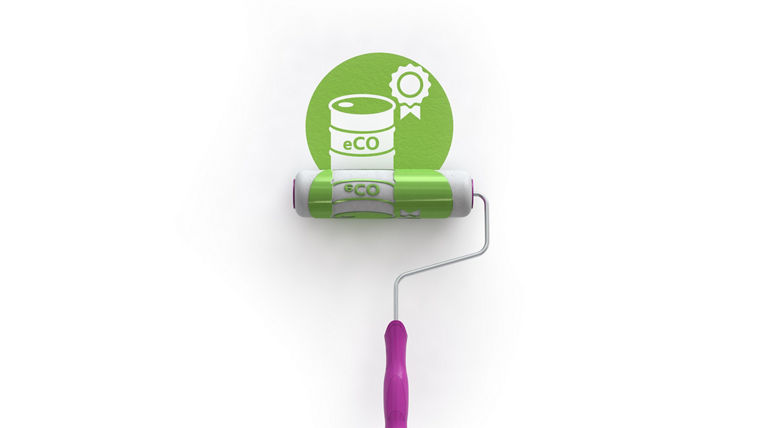 Illustration of a paint roller with a green eco-friendly barrel and a certification badge.
