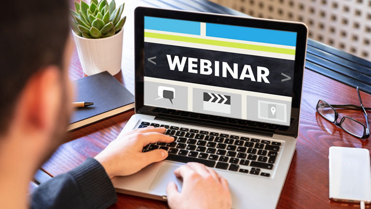 Laptop showing webinar screen representing access to polyurethane technical resources and event content