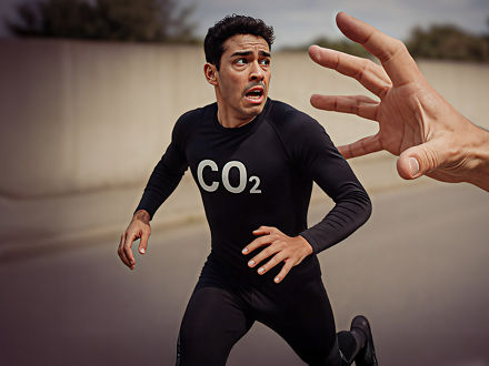 A man in a dark retro tracksuit labeled “CO2” runs as a giant hand reaches toward him.