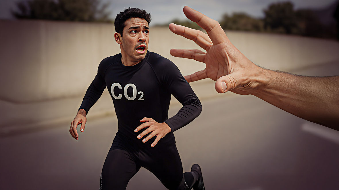 A man in a dark retro tracksuit labeled “CO2” runs as a giant hand reaches toward him.