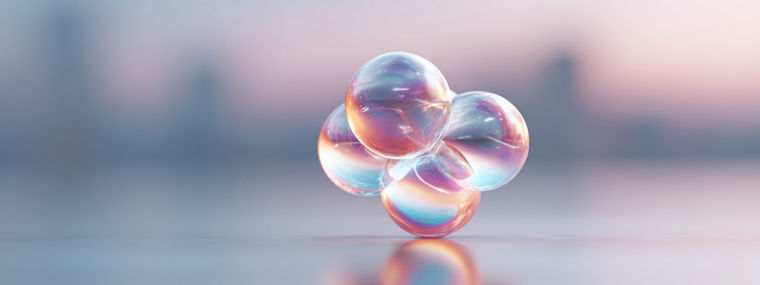 Abstract atomlike cluster of translucent spheres, iridescent and lightfilled. Concept for science, technology, innovation, or connection. Serene pastel background.