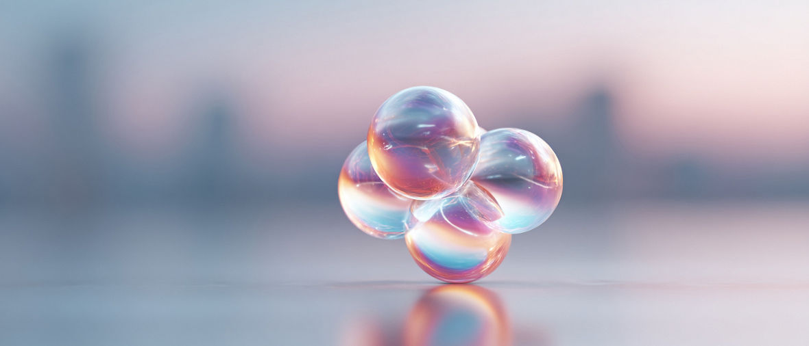 Abstract atomlike cluster of translucent spheres, iridescent and lightfilled. Concept for science, technology, innovation, or connection. Serene pastel background.