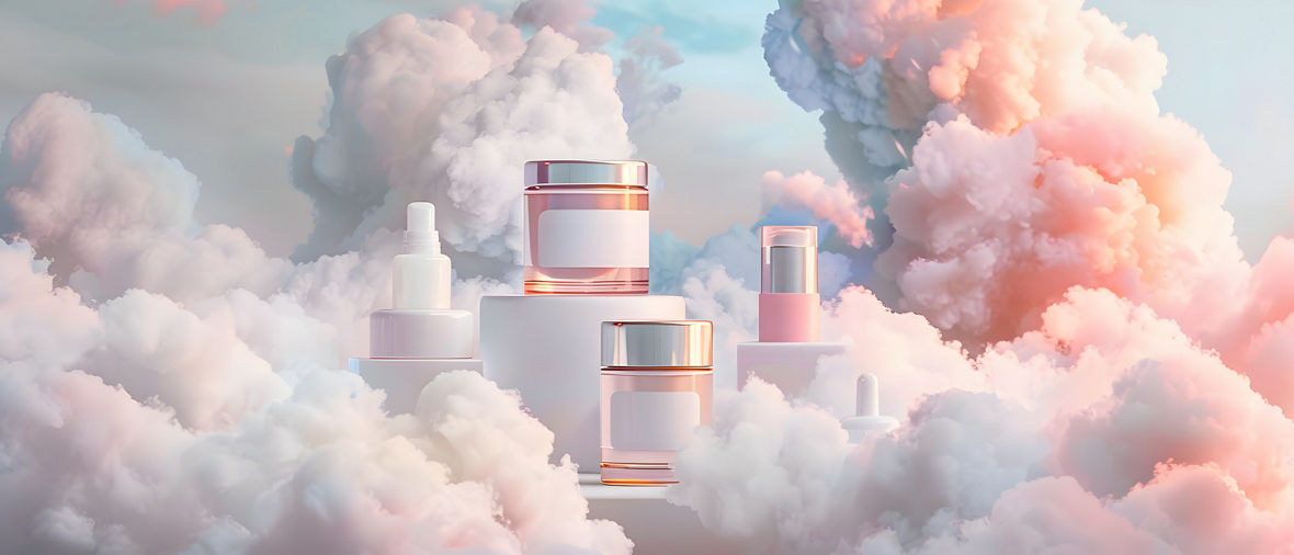 Dreamy skincare products among soft clouds, evoking a sense of luxury, beauty, and tranquility in a surreal atmosphere.