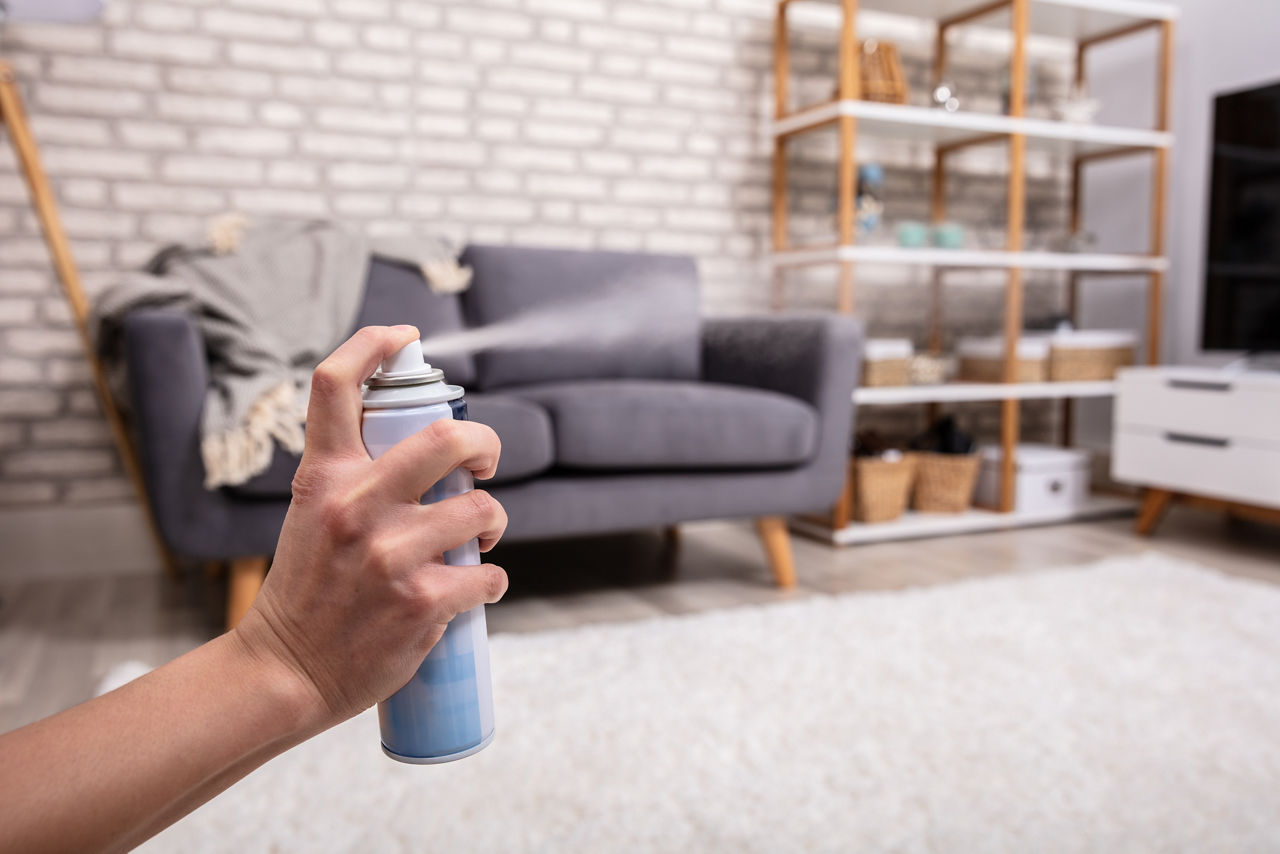 Close-up Of A Human's Hand Spraying Air Freshener In Living Room