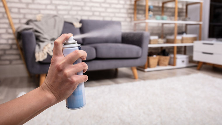 Close-up Of A Human's Hand Spraying Air Freshener In Living Room