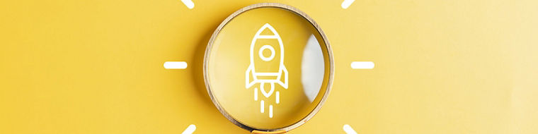 Magnifier glass focus to rocket launch objective with idea creative light bulb icon. planning development leadership and customer target group concept.