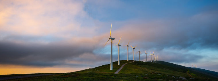 Wind turbines farm at sunrise, Oiz mountain, Basque Country, Spain