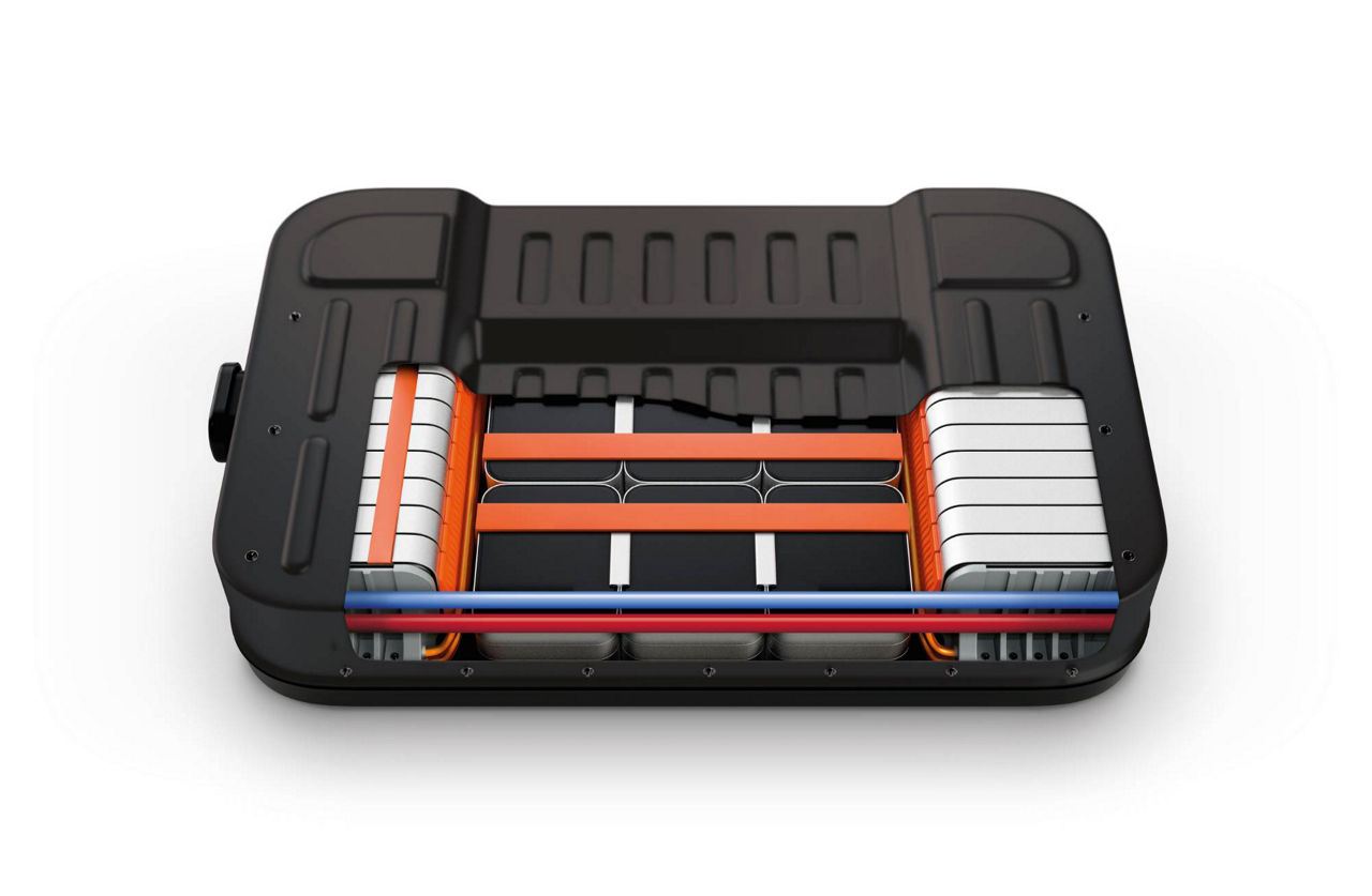 Illustration of a rectangular battery pack with visible internal cells and wiring.