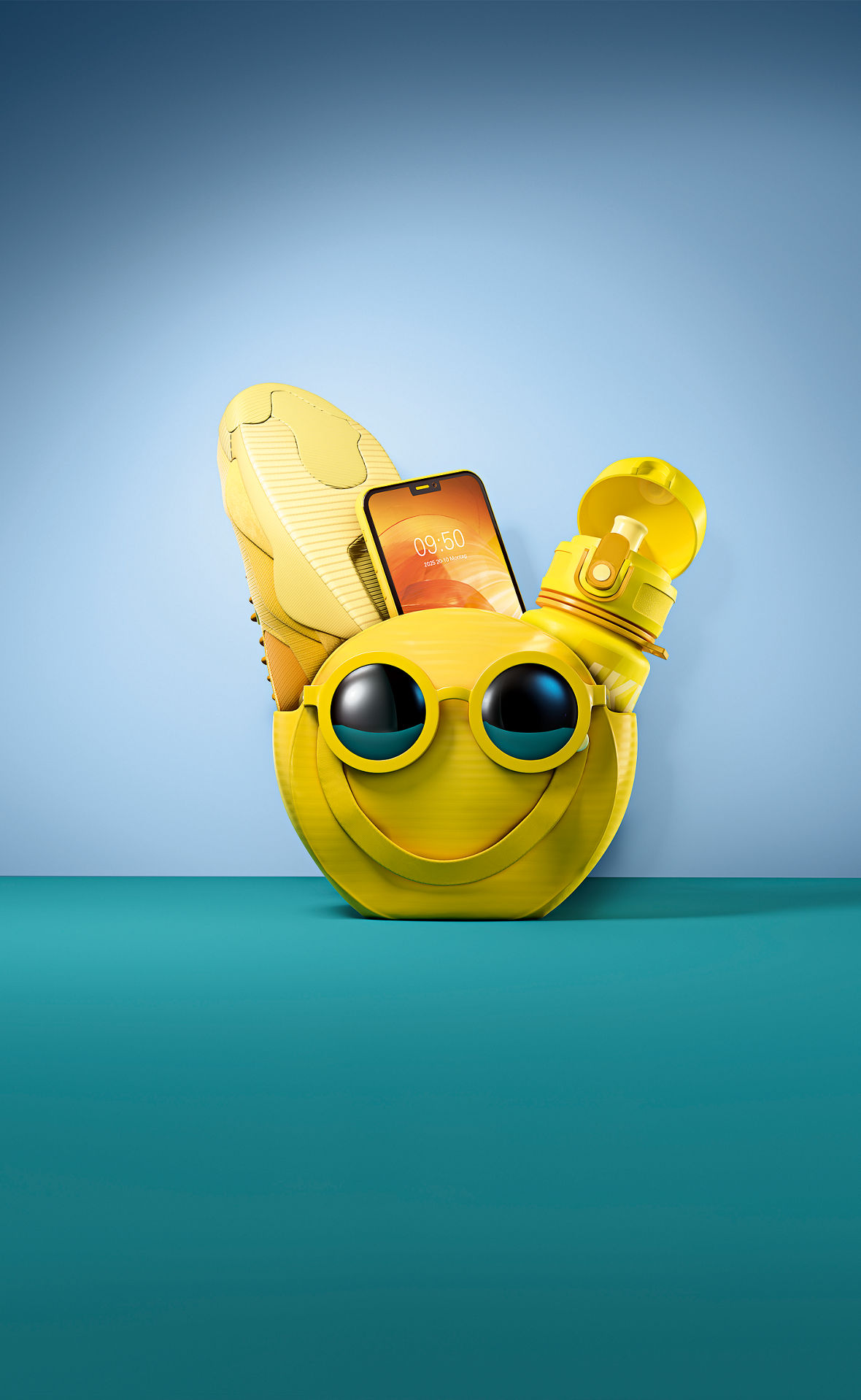 Eine gelbe Handtasche in Smiley-Optik, darin ein Smartphone, ein Schuh und eine Trinkflasche.