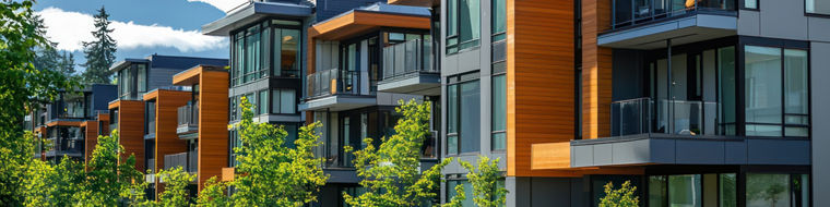 A modern residential complex featuring a series of sleek buildings with large windows and communal outdoor spaces. The design emphasizes urban living with a focus on sustainability and comfort.