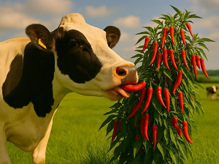 A spotted cow is eating a chili pepper from a chili plant.