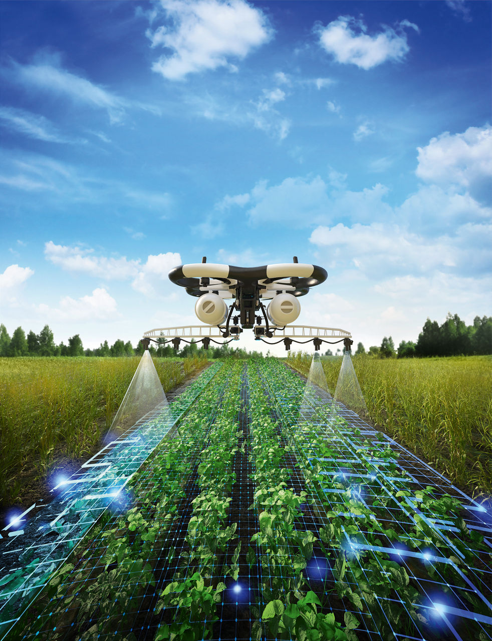 Pflanzenschutzmittel, die per Drohne verspüht werden und die anhand von Evonik-Additiven nicht verweht werden. (generiertes Bild)