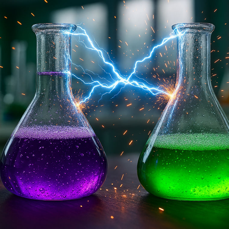 Zwei halb mit farbigen Flüssigjeiten gefüllte Erlenmeierkolben, zwischen denen Elektrospannung knistert.