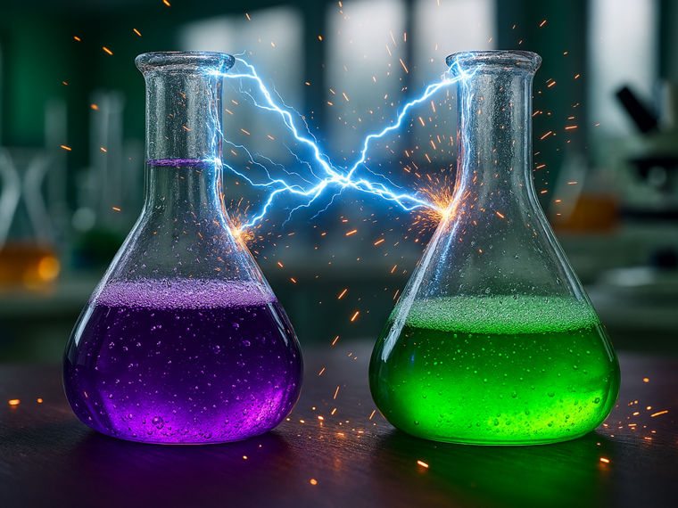 Two Erlenmeyer flasks half-filled with colored liquids, with a crackling electric arc between them.