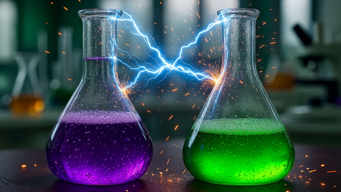 Two Erlenmeyer flasks half-filled with colored liquids, with a crackling electric arc between them.