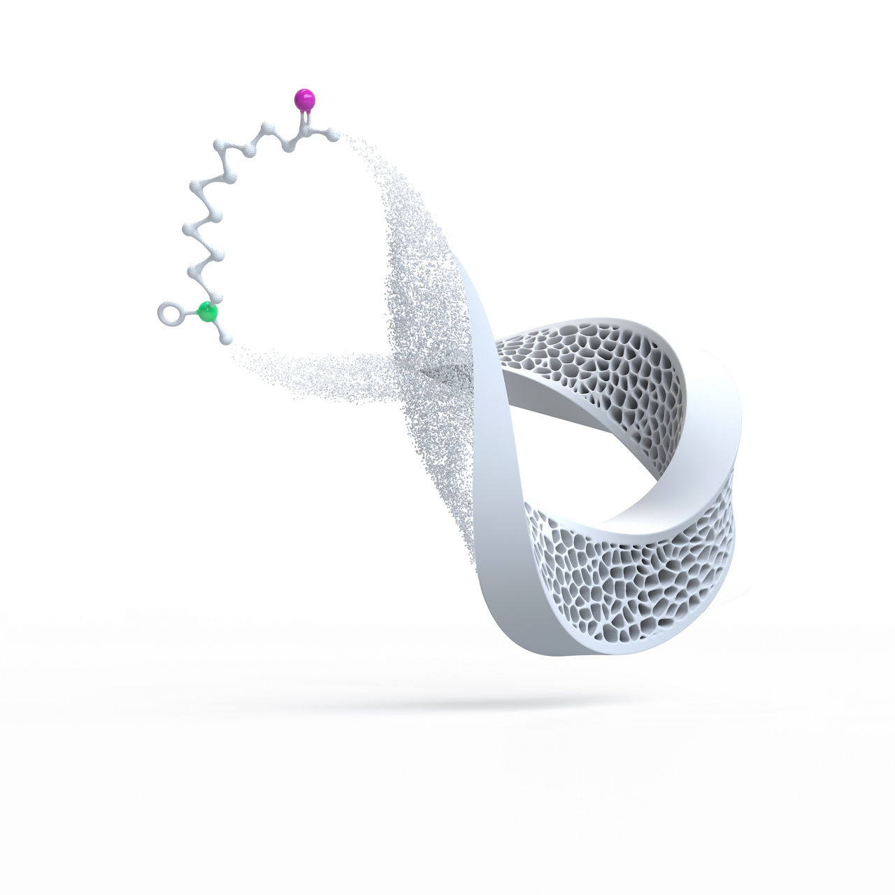An abstract 3D shape floats in a white space, formed like a twisted ribbon with both smooth and porous sections. A cloud of tiny particles extends from one side, connected to a simple molecular‑style chain with small colored spheres. The design suggests advanced materials and 3D printing.