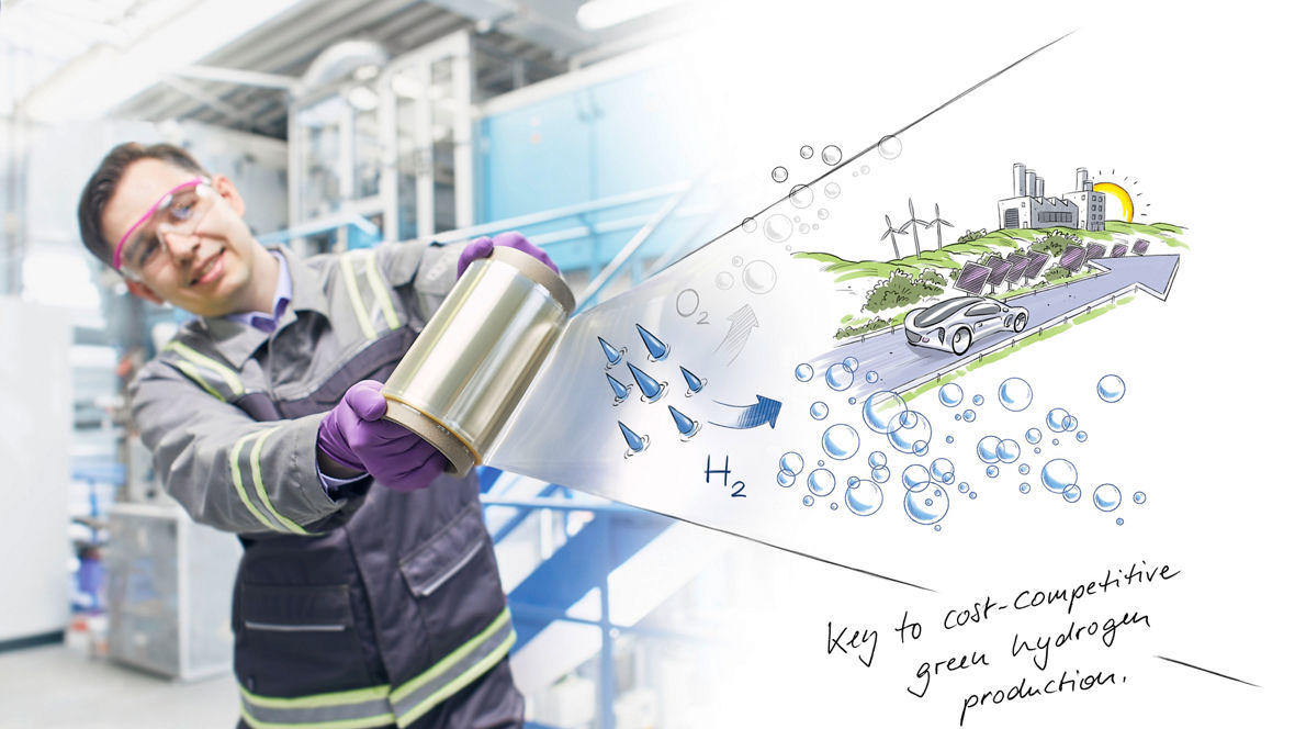 Person in protective clothing holding a metallic film roll with an illustration of green hydrogen production and renewable energy.