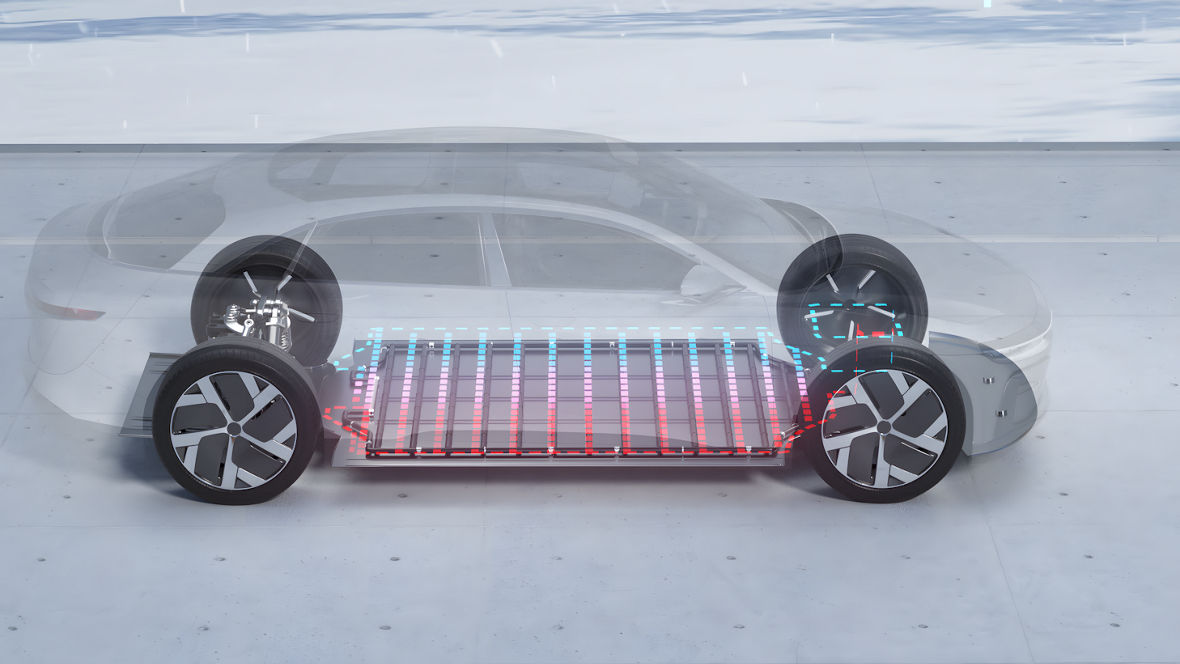 Transparent electric car illustration highlighting the battery pack and wheel suspension system.
