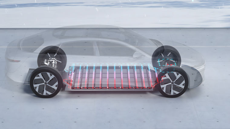 Transparent electric car illustration highlighting the battery pack and wheel suspension system.