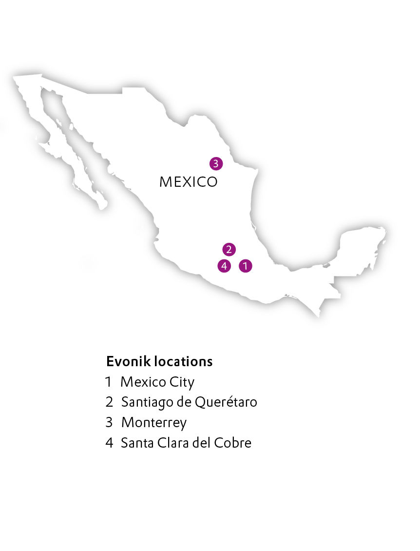 A map shows the four Evonik sites in Mexico.