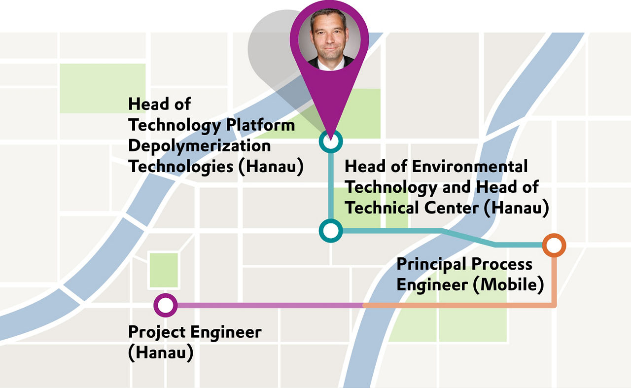 Illustration of a map with job titles and a purple location pin highlighting a blurred face.