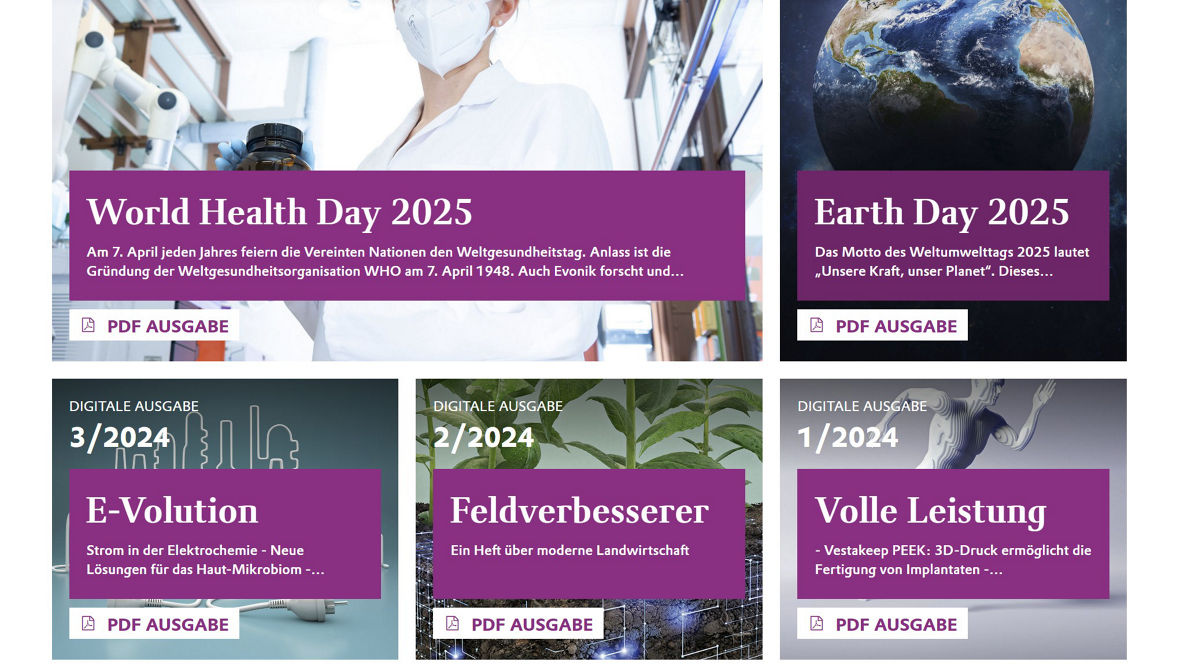 Screenshot der Webseite des ELEMENTS Innovationsmagazins von Evonik