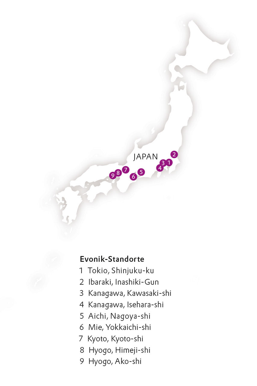 Eine Landkarte von Japan mit den eingezeichneten Standorten.