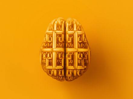 Grafische Montage eines Gehirns und einer optimierten Chemie-Anlage. 