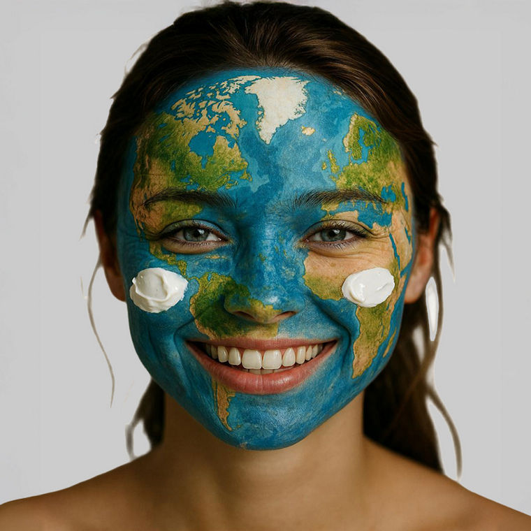 A woman with long, tied-back dark hair. A globe is painted on her face, depicting continents and oceans. The background is neutral gray, and her shoulders are bare.