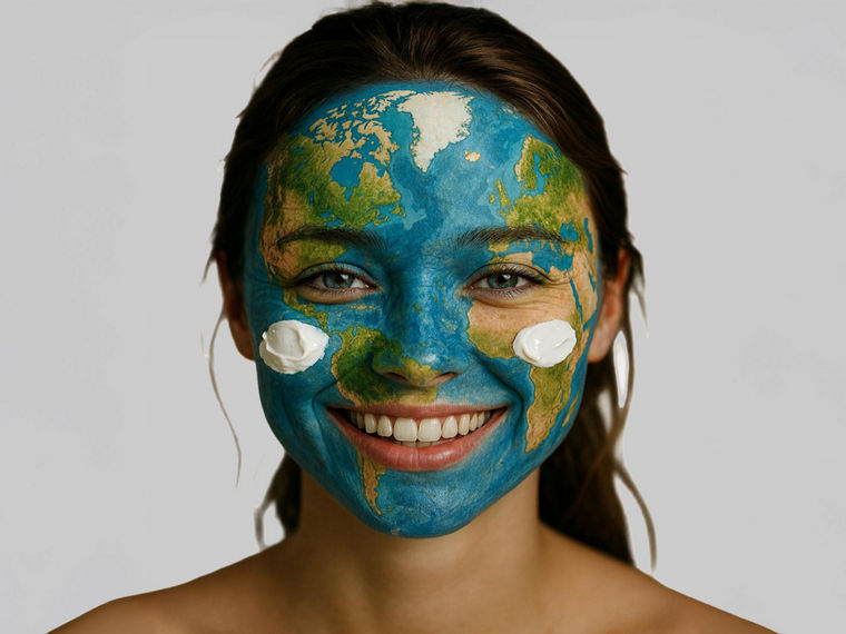 A woman with long, tied-back dark hair. A globe is painted on her face, depicting continents and oceans. The background is neutral gray, and her shoulders are bare.