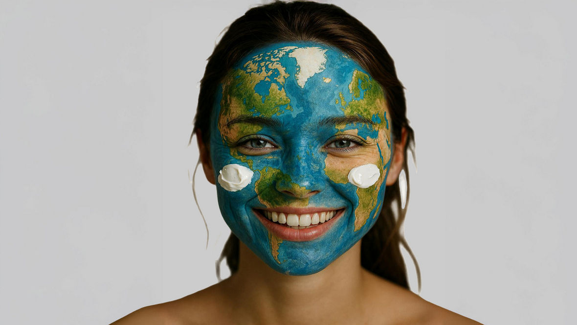 A woman with long, tied-back dark hair. A globe is painted on her face, depicting continents and oceans. The background is neutral gray, and her shoulders are bare.
