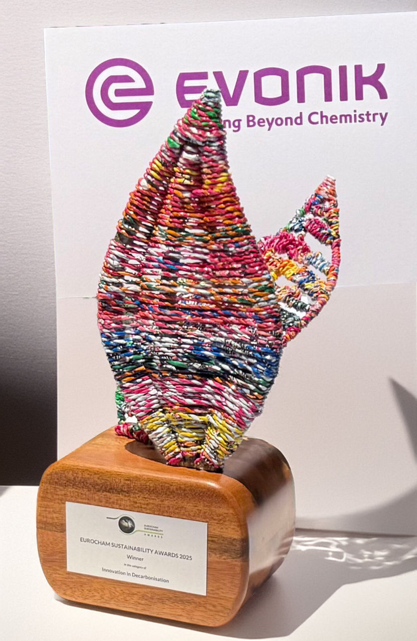 Die Trophäe: Eine bunte geometrische Figur auf Holzsockel.