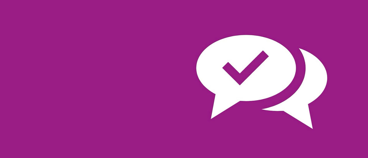 Evonik FAQ picture: Illustration of two overlapping speech bubbles, one containing a checkmark, on a purple background.