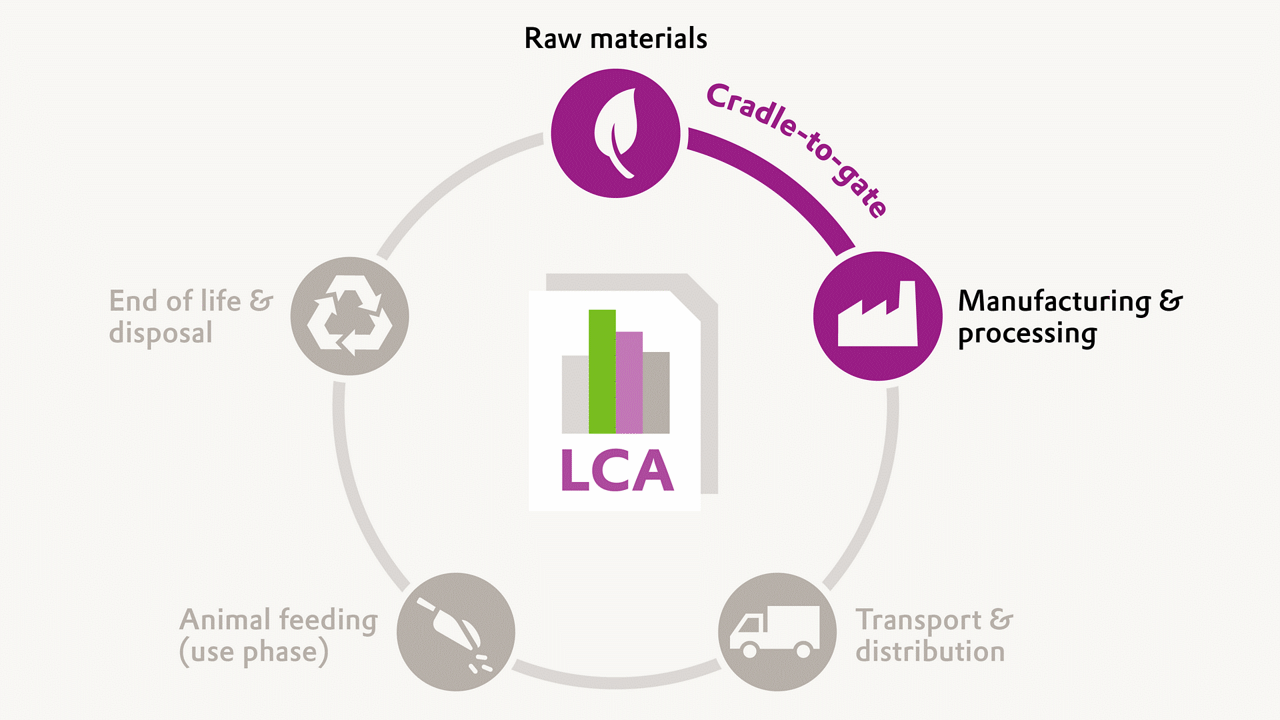 Infographic showing Evonik’s cradle-to-gate approach to Product Environmental Footprints, demonstrating transparent, science-based sustainability measurement.