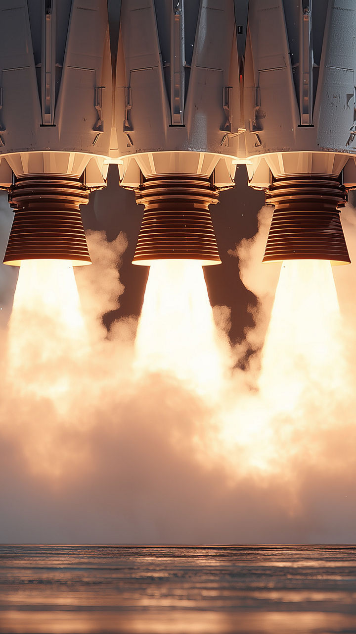 Close-up of three rocket engines firing with bright flames and smoke during liftoff.