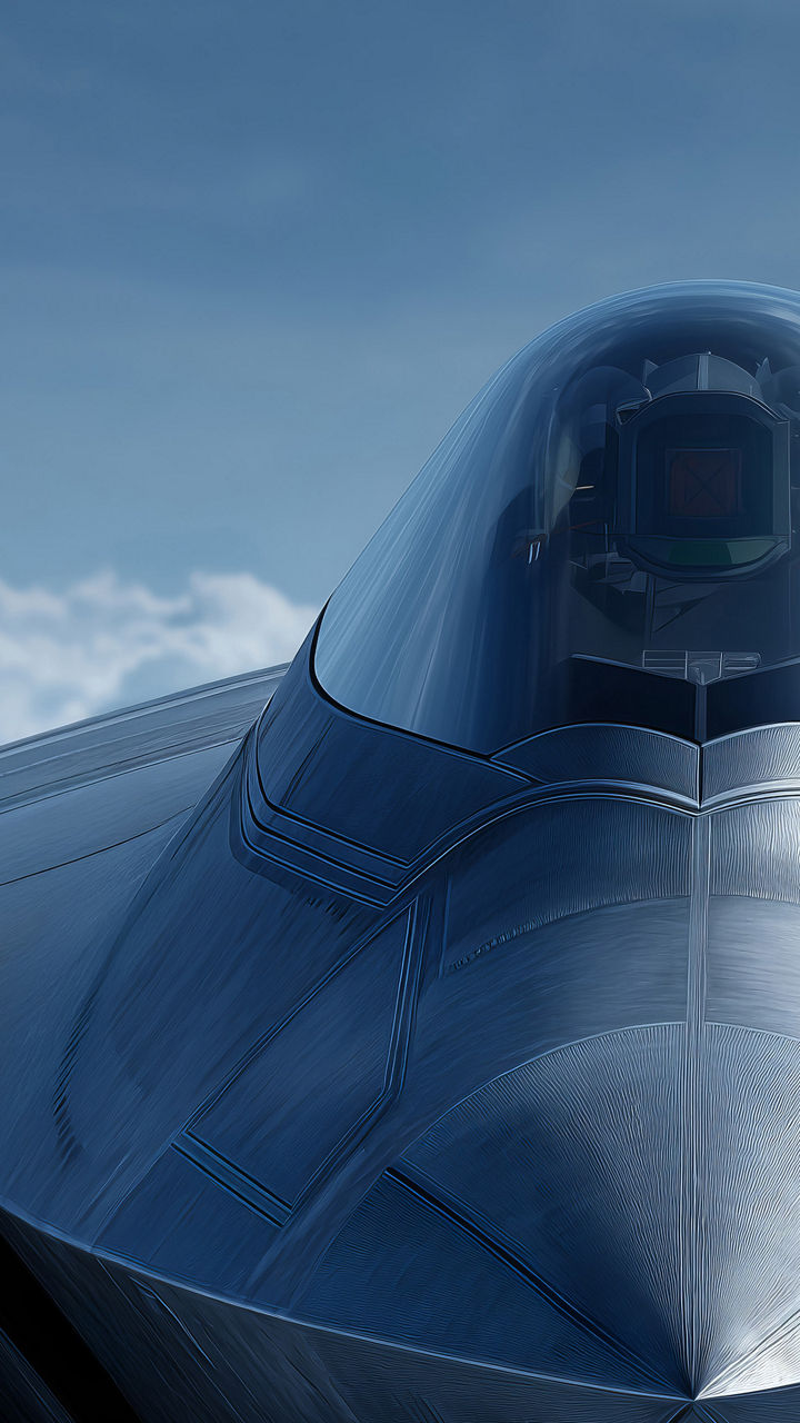 Close-up illustration of a sleek, dark blue fighter jet cockpit against a cloudy sky.