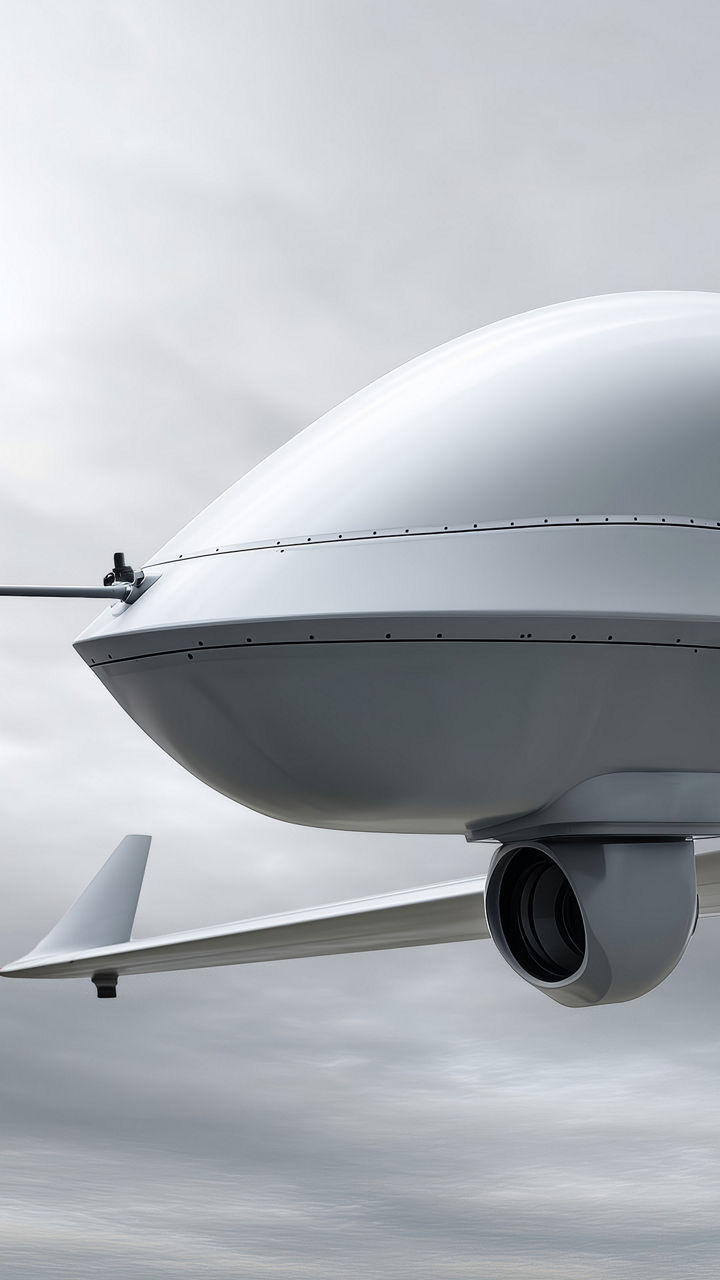 Close-up of a sleek, white drone with a camera mounted underneath against a cloudy sky.