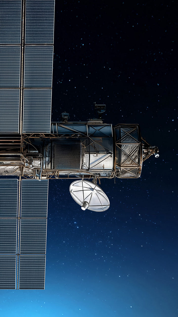 Satellite with large solar panels and a dish antenna against a starry night sky.
