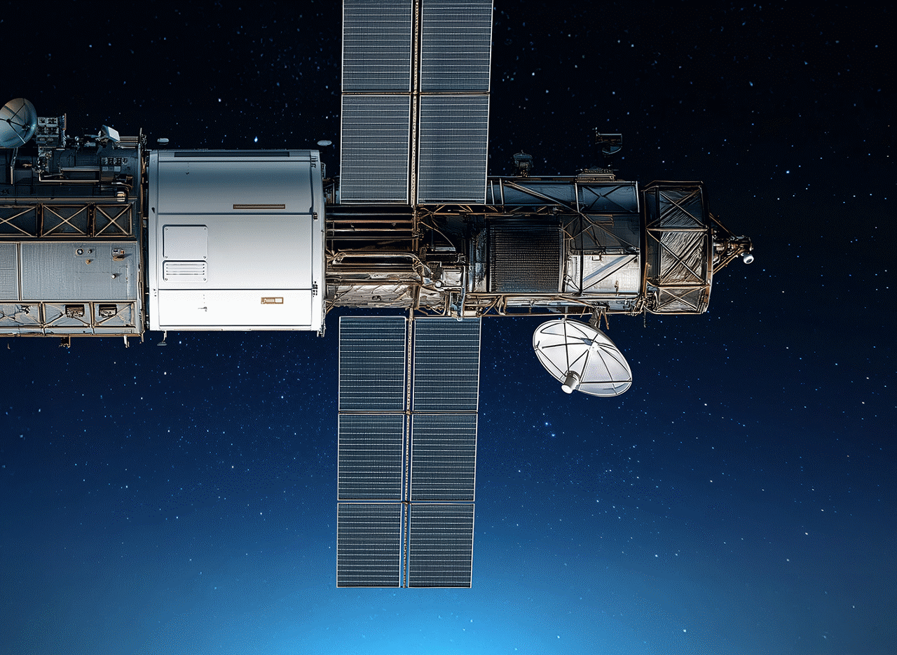 Space station module with large solar panels and a satellite dish against a starry sky.