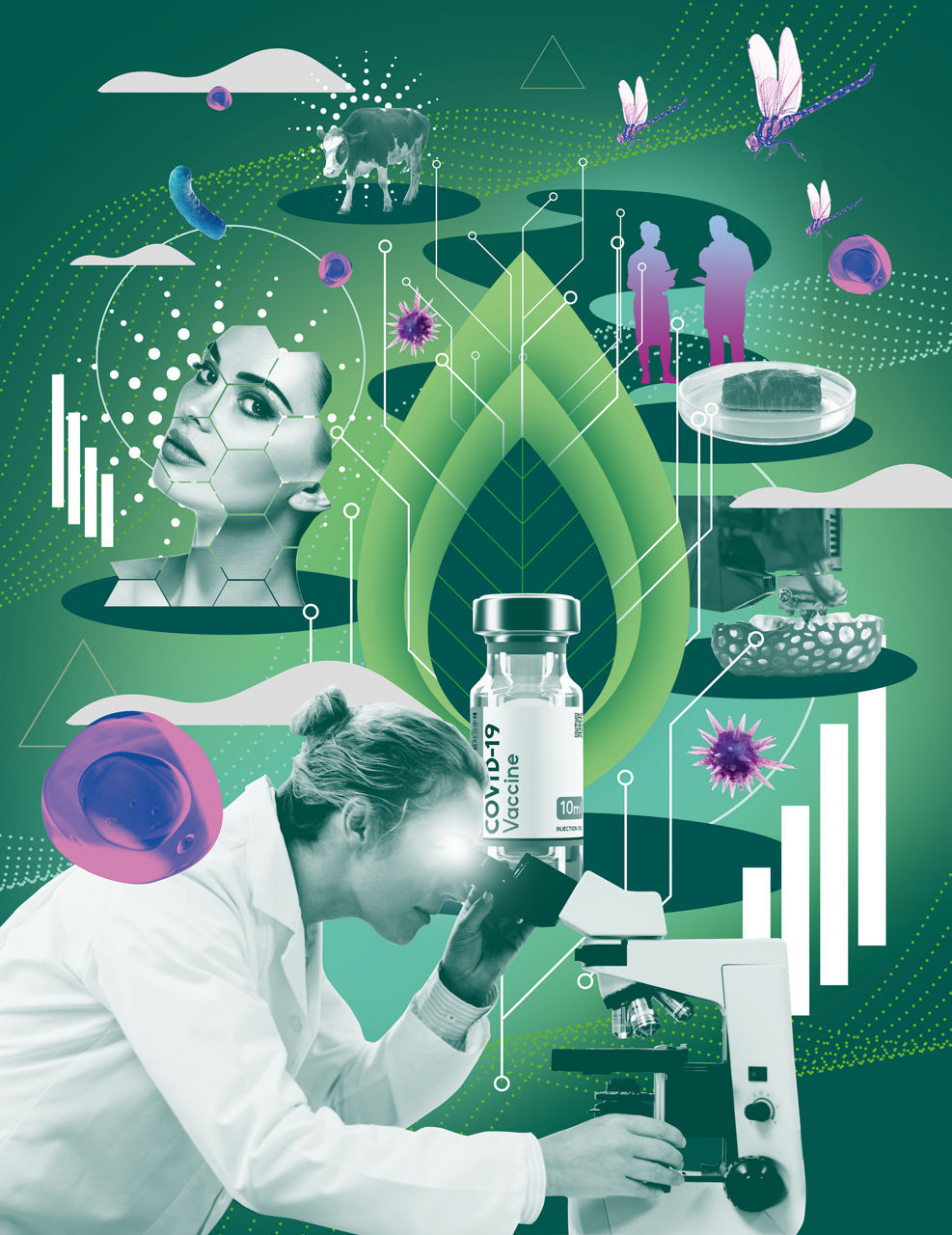 Eine Grafik meist in Grün und Weiß, die verschiedene Facetten der Biotechnologie zeigt,