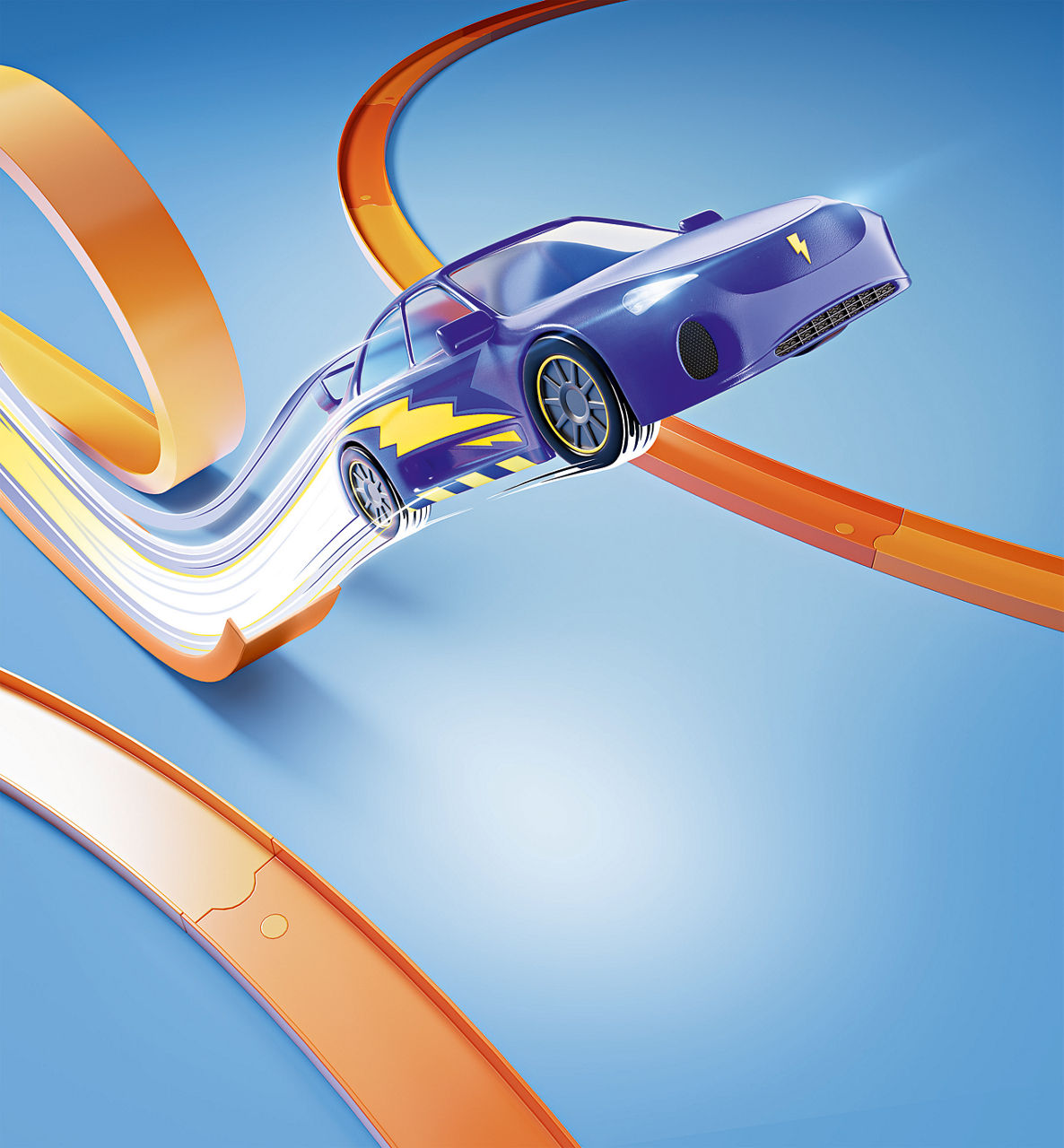 A 3-D rendering shows a toy model of an electric car jumping off an orange toy racetrack into the air.