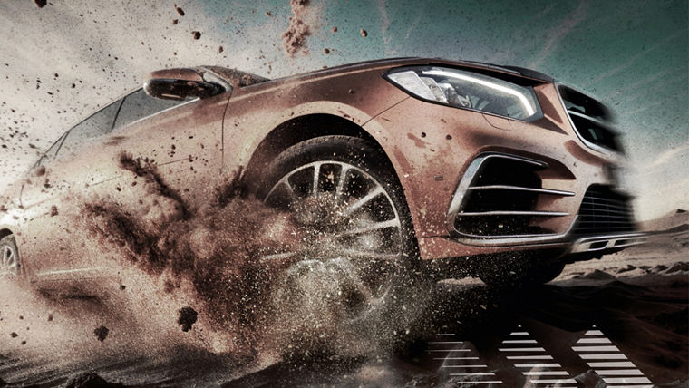 SUV kicking up dirt while driving aggressively on a rugged off-road terrain.