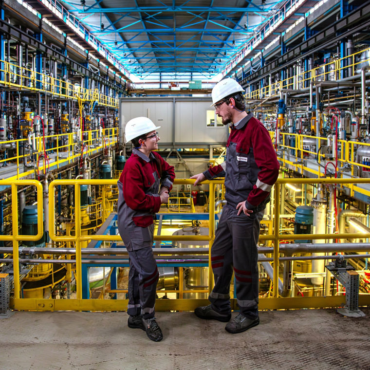 Eine Mitarbeiterin und ein Mitarbeiter stehen in der Fermenterhalle der Rhamnolipidproduktion in Slovenská Ľupča, Slowakei, und unterhalten sich.